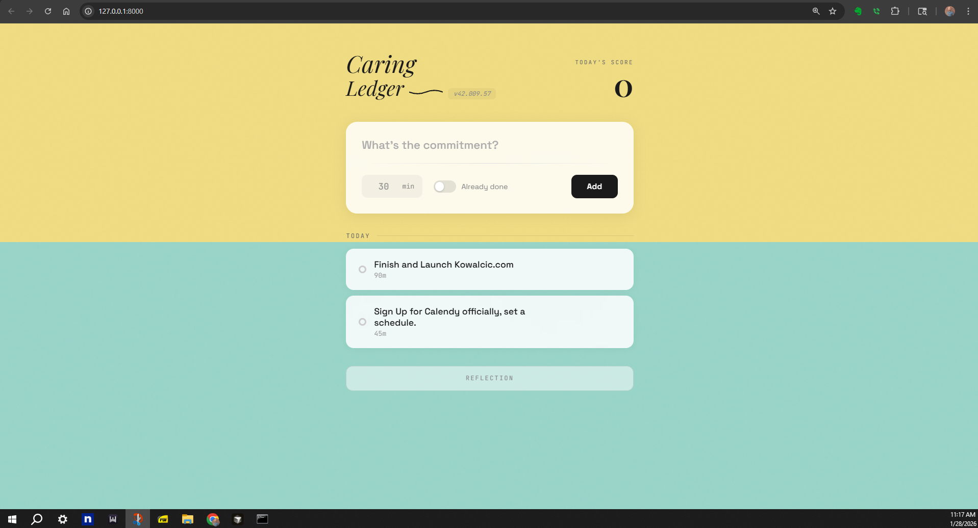 Caring Ledger Home Screen and Commitment Entry